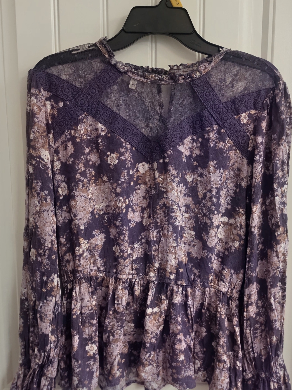 Maurices Purple Floral Lace Yoke Peplum Blouse